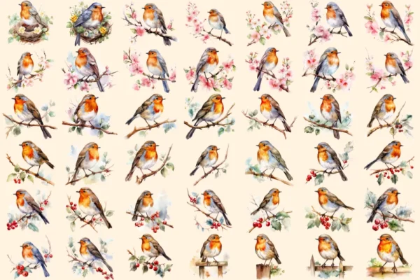 Robins Watercolor Clipart Bundle - 280+ transparent PNG, Delightful bird graphics, Adorable robin images, Commercial use, Digital download