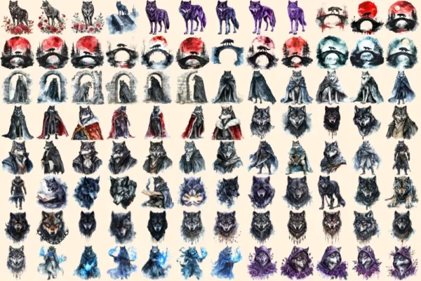 Gothic Wolves Watercolor Clipart Bundle - 630+ transparent PNG, Enigmatic lycan graphics, Shadowy wolf art, Commercial use, Digital download