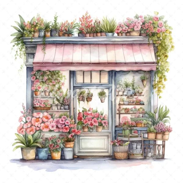 20 High-Quality Floral Storefronts Clipart - Storefronts digital watercolor JPG instant download for commercial use - Digital download
