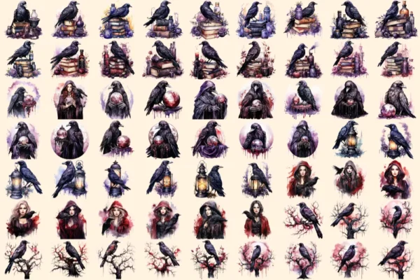 Gothic Ravens Watercolor Clipart Bundle - 445+ transparent PNG, Mystic raven graphics, Enigmatic witch bird, Commercial use,Digital download