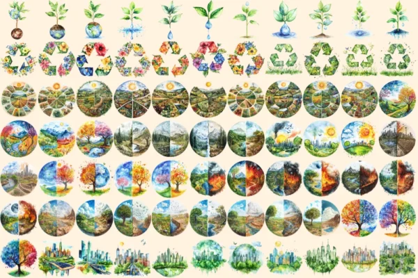 Earth Day Watercolor Clipart Bundle - 503+ transparent PNG, Eco-Friendly graphics, Planet care png images, Commercial use, Digital download