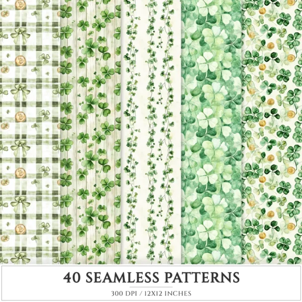 Lucky Cottage Seamless Patterns, Shamrock floral JPEG, Green celtic pattern, St. patrick’s day repeating pattern, Digital scrapbook paper
