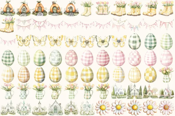 Happy Easter Watercolor Clipart Set - 510+ transparent PNG, Cozy spring illustrations, Cute egg graphics, Commercial use, Digital download