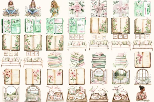 Spring Planner Watercolor Clipart Set - 290+ transparent PNG, Planner girl illustrations, Bookish images, Commercial use, Digital download