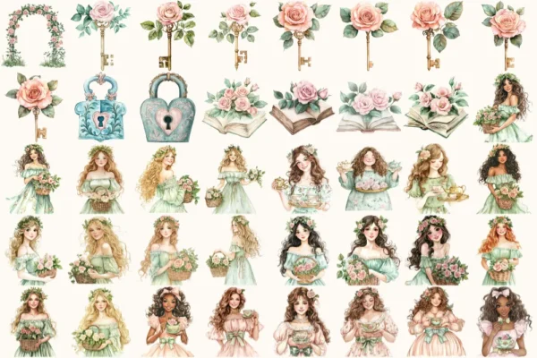Secret Garden Watercolor Clipart Set - 275+ transparent PNG, Garden tea party graphics, Spring greenery art, Commercial use,Digital download
