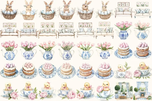 Grandmillenial Easter Watercolor Clipart Set - 260+ transparent PNG, Easter toile graphics, Chinoiserie png, Commercial use,Digital download