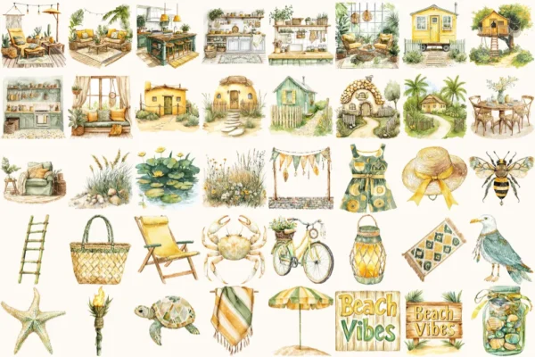 Boho Summer Watercolor Clipart Set - 250+ transparent PNG, Sunkissed boho graphics, Seaside fashion images, Commercial use, Digital download