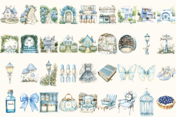 Modern Alice Watercolor Clipart Set - 250+ transparent PNG, Alice in wonderland graphics, Fairytale images, Commercial use, Digital download