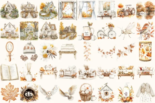 Lovely Autumn Watercolor Clipart Set - 250+ transparent PNG, Pumpkin season graphics, Girl with book images, Commercial use,Digital download