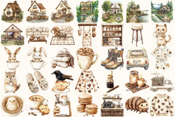 Coffee Lover Watercolor Clipart Set - 240+ transparent PNG, Coffee planner graphics, Coffee moments images, Commercial use, Digital download