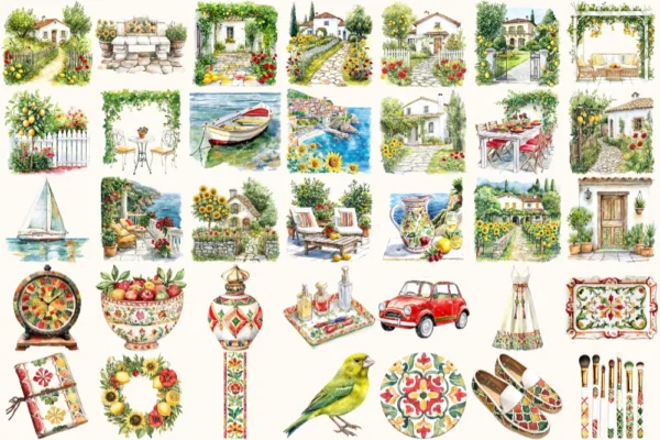 Italian Vibes Watercolor Clipart Set - 240+ transparent PNG, Italian summer graphics, Mediterranean images, Commercial use, Digital download