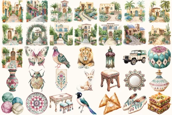 Moroccan Escape Watercolor Clipart Set - 235+ transparent PNG, Summer travels graphics, Moroccan decor art, Commercial use, Digital download
