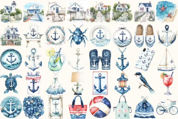 Summer Anchor Watercolor Clipart Set - 260+ transparent PNG, Seaside coastal graphics, Summertime images, Commercial use, Digital download