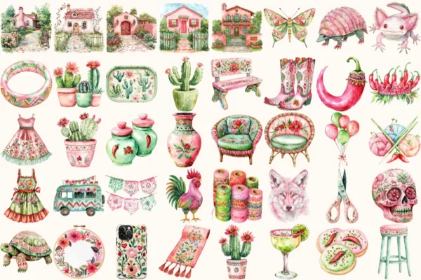 Viva Mexico Watercolor Clipart Set - 240+ transparent PNG, Mexican fiesta graphics, Cinco de mayo party art, Commercial use,Digital download