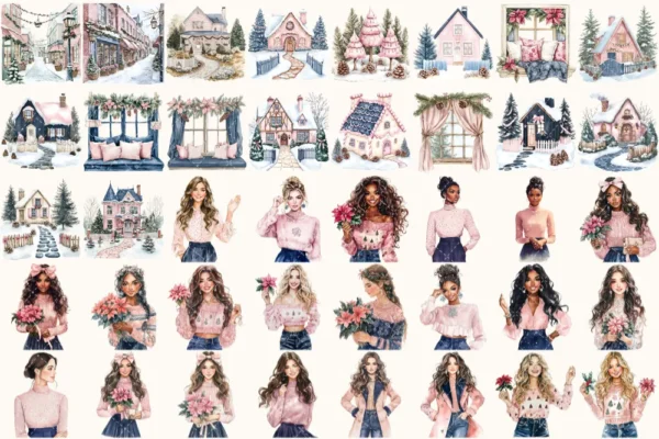 Blush Winter Watercolor Clipart Set - 258+ transparent PNG, Christmas graphics, Winter holiday png images, Commercial use, Digital download
