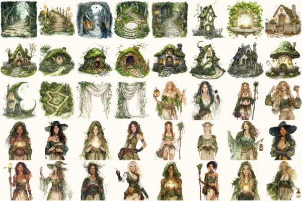 Gravemoss Witch Watercolor Clipart Set - 265+ transparent PNG, Mystic forest graphics, Witchy fantasy art, Commercial use, Digital download