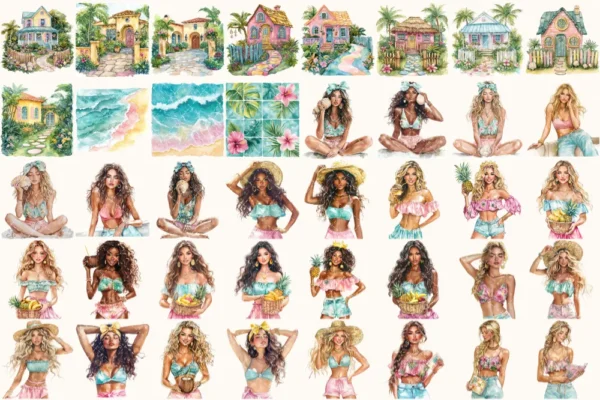 Tropical Island Rhythms Watercolor Clipart Set - 268+ transparent PNG, Seaside graphics, Tropical summer, Commercial use, Digital download