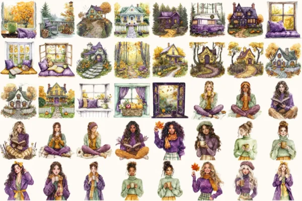Autumn Notions Watercolor Clipart Set - 265+ transparent PNG, Artistic autumn graphics, Falling leaves art, Commercial use, Digital download
