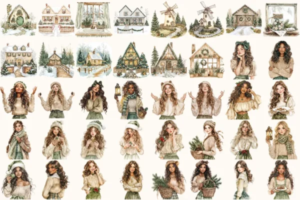 Festive Farmhouse Watercolor Clipart Set - 273+ transparent PNG, Cozy christmas graphics, Holiday cabin art, Commercial use,Digital download