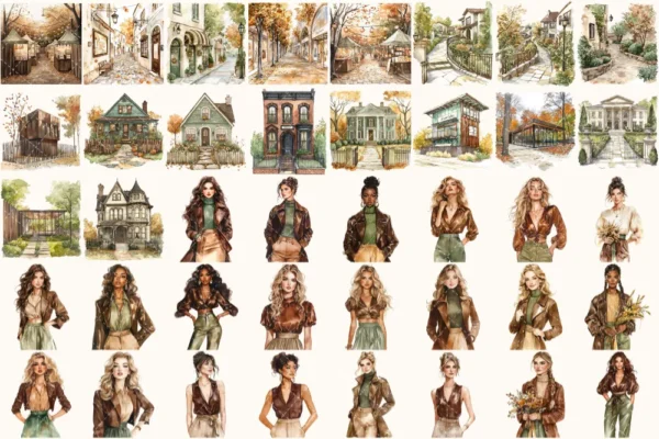 Autumn Gallery Watercolor Clipart Set - 272+ transparent PNG, Fall fashion graphics, Autumn museum images, Commercial use, Digital download