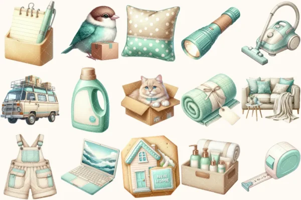 Moving Clipart Set - 110+ transparent PNG, New home illustrations, Interior decor graphics, Moving day art, Commercial use, Digital download