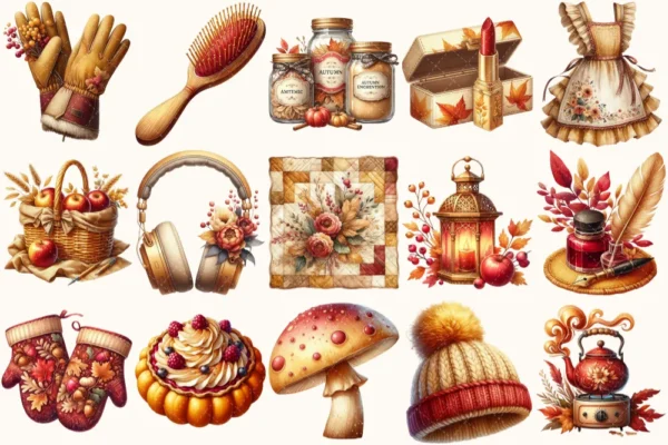 Autumn Enchantment Clipart Set - 120+ transparent PNG, Cozy autumn illustrations, Cottagecore fall images, Commercial use, Digital download