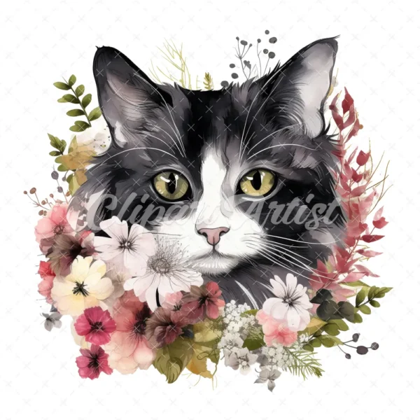 20 High-Quality Black and White Floral Cats Clipart - Cats digital watercolor JPG instant download for commercial use - Digital download