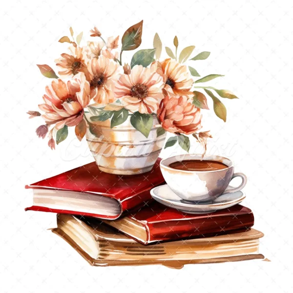 20 High-Quality Floral Coffee Books Clipart - Coffee books digital watercolor JPG instant download for commercial use - Digital download