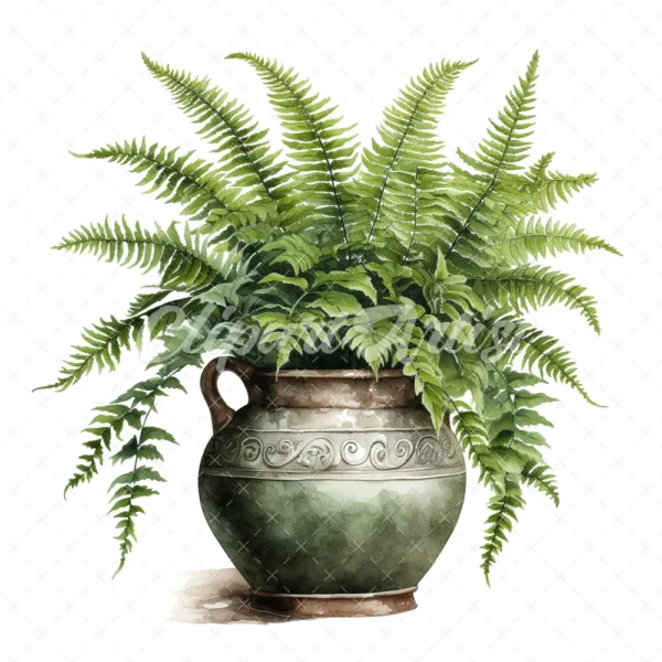 20 High-Quality Fern Antique Pot Clipart - digital watercolor JPG instant download for commercial use - Digital download