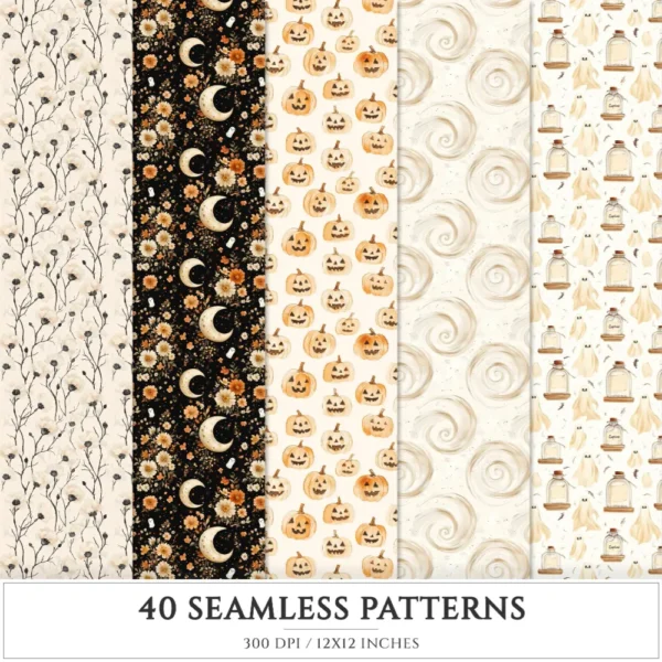 Cozy Haunt Seamless Patterns, Spooky autumn JPEG, Ghosts pattern, Witch hat, Bones, Pumpkin repeating pattern, Digital scrapbook paper