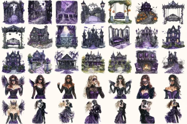 Haunted Masquerade Watercolor Clipart Set - 230+ transparent PNG, Spooky halloween graphics, Gothic images, Commercial use, Digital download