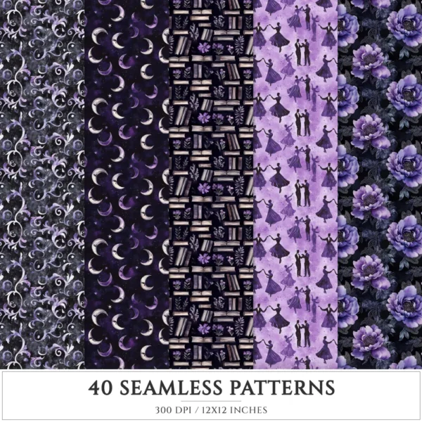 Haunted Masquerade Seamless Patterns, Spooky halloween JPEG, Gothic rose pattern, Raven, Skulls repeating pattern, Digital scrapbook paper
