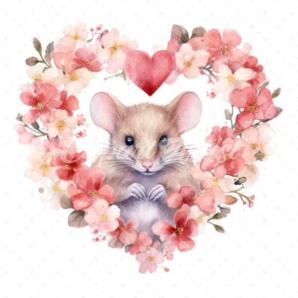 19 High-Quality Mouse in Heart Wreath Clipart - Mouse wreath digital watercolor JPG instant download for commercial use - Digital download