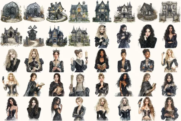 Ghostly Gothic Walls Watercolor Clipart Set - 275+ transparent PNG, Dark academia graphics, Halloween png, Commercial use, Digital download