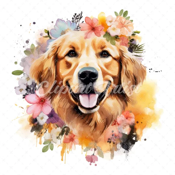 20 High-Quality Floral Golden Retriever Clipart - Retriever digital watercolor JPG instant download for commercial use - Digital download