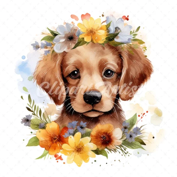 20 High-Quality Floral Portrait Puppy Clipart - Floral Puppy digital watercolor JPG instant download for commercial use - Digital download