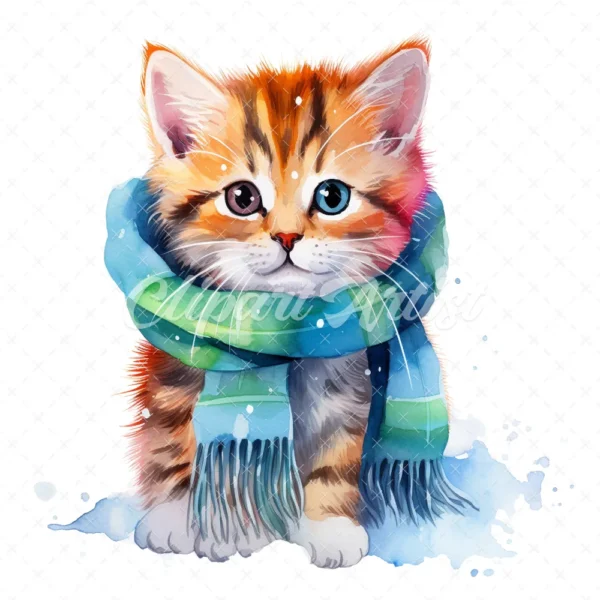 18 High-Quality Kittens With Scarf Clipart - Kittens scarf digital watercolor JPG instant download for commercial use - Digital download