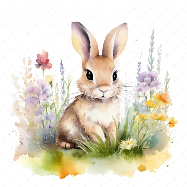 20 High-Quality Bunny in a Meadow Clipart - Bunny meadow digital watercolor JPG instant download for commercial use - Digital download