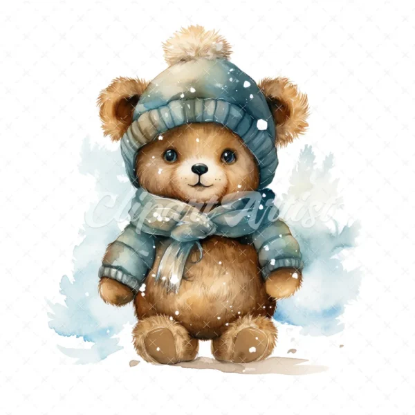20 High-Quality Winter Teddy Bear Clipart - Winter teddy bear digital watercolor JPG instant download for commercial use - Digital download