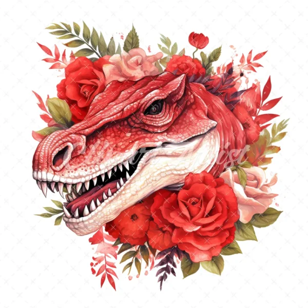 20 High-Quality Red Floral Dinosaur Clipart - Red dinosaur digital watercolor JPG instant download for commercial use - Digital download