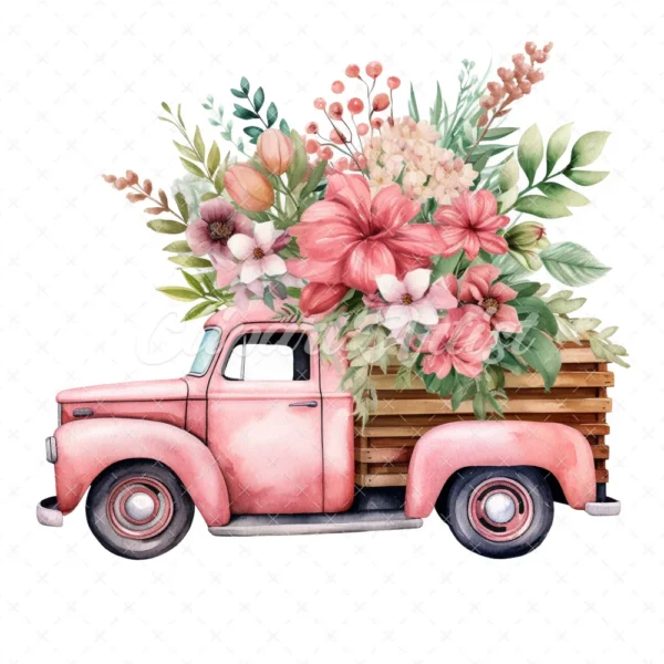19 High-Quality Floral Truck Clipart - Floral truck digital watercolor JPG instant download for commercial use - Digital download