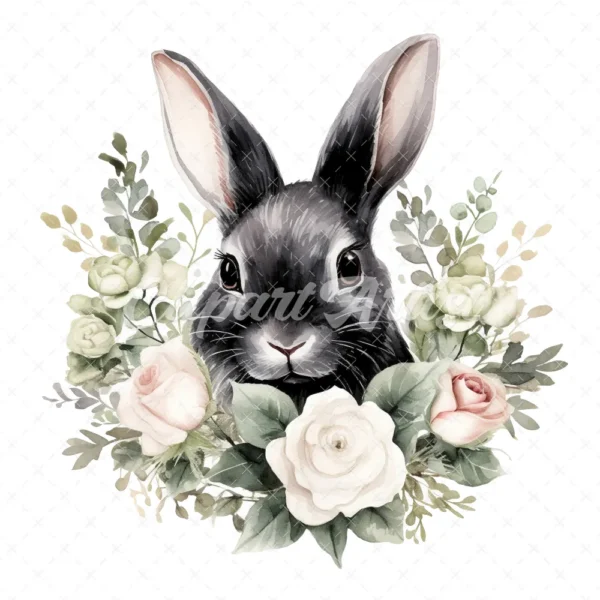 20 High-Quality Black Bunny With White Roses Clipart - Bunny digital watercolor JPG instant download for commercial use - Digital download