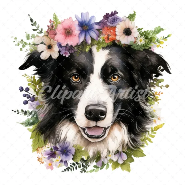20 High-Quality Floral Border Collie Clipart - Border collie digital watercolor JPG instant download for commercial use - Digital download