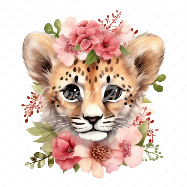 20 High-Quality Floral Cute Cheetah Clipart - Cute cheetah digital watercolor JPG instant download for commercial use - Digital download