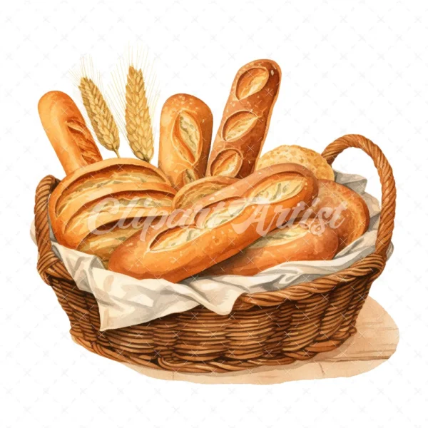 20 High-Quality Bread Basket Clipart - Bread basket digital watercolor JPG instant download for commercial use - Digital download