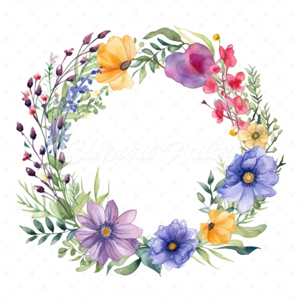 20 High-Quality Wildflowers Wreath Clipart - Wildflower wreath digital watercolor JPG instant download for commercial use - Digital download