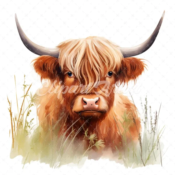 19 High-Quality Highland Cow in Grass Clipart - Highland cow digital watercolor JPG instant download for commercial use - Digital download