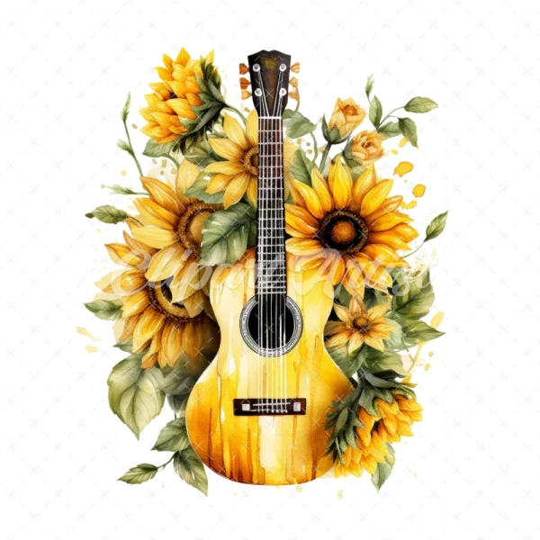 20 High-Quality Sunflowers Guitars Clipart - Sunflowers guitar digital watercolor JPG instant download for commercial use - Digital download