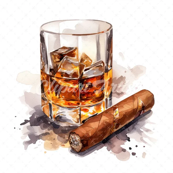 20 High-Quality Cigar Glass of Whisky Clipart -Cigar whisky digital watercolor JPG instant download for commercial use - Digital download
