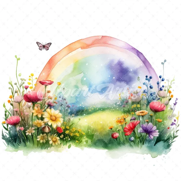 22 High-Quality Rainbow Meadow Clipart - Rainbow meadow digital watercolor JPG instant download for commercial use - Digital download